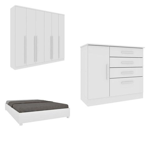 Conjunto Guarda Roupa Casal com Puxador MDF Portugal, Cama Casal Monaco e Cômoda Chicago Branco/Neve