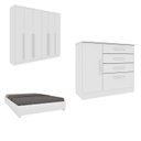 Ver imagem 1 de Conjunto Guarda Roupa Casal com Puxador MDF Portugal, Cama Casal Monaco e Cômoda Chicago Branco/Neve