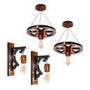 Ver imagem 1 de Kit Luminárias em Madeira Maciça - 2 Pendentes Roda de Carroça e 2 Arandelas de Parede - Mogno