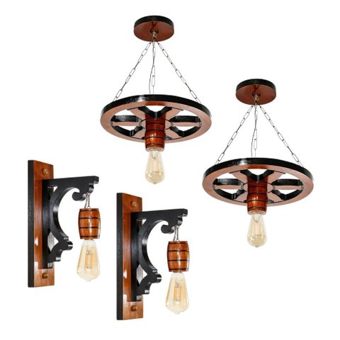 Kit Luminárias em Madeira Maciça - 2 Pendentes Roda de Carroça e 2 Arandelas de Parede - Mogno