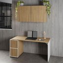 Ver imagem 1 de Mesa Escrivaninha 150cm e 2 Armários Aéreos 4 Portas F5 Cor:macadâmia com Branco