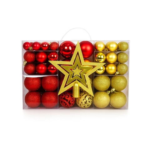 Kit 100 Bolas Vermelho e Dourado Lisa Glitter Decoração Árvore de Natal com Ponteira(Brinde) Luvinco