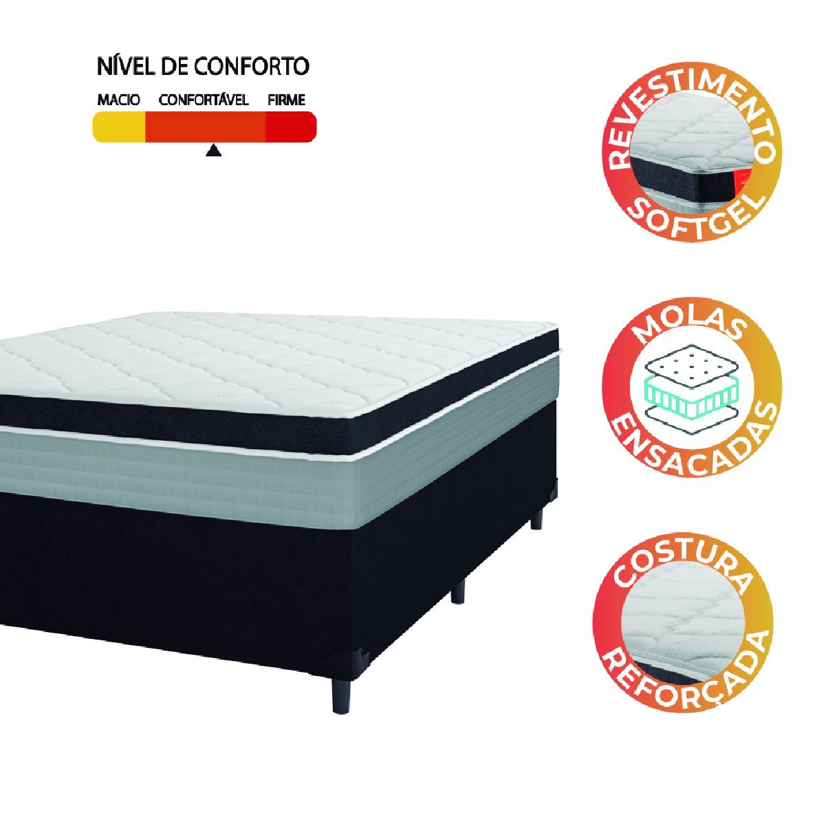 Cama Box Casal Colchão Molas Ensacadas Real 138x188x65cm Preto/Cinza - Suporta até 130Kg por - 5