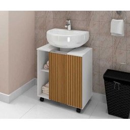 Gabinete de Coluna Banheiro 01 Porta e Prateleira com Rodízios Pequin Branco Ripado - 1