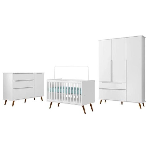 Dormitório Melinda Guarda Roupa, Cômoda com Porta e Berço Retrô Branco Acetinado - Phoenix Baby