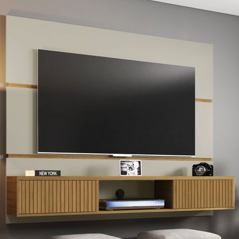Painel Ambar Sala Paratv até 65 Polegadas Off White com Cinamomo Ripado