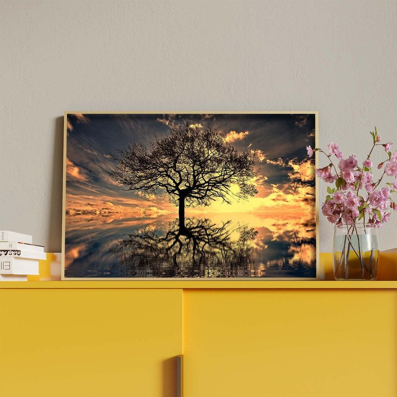 Quadro Decorativo Paisagem Grande Árvore Da Vida Com Moldura Dourada  200x120