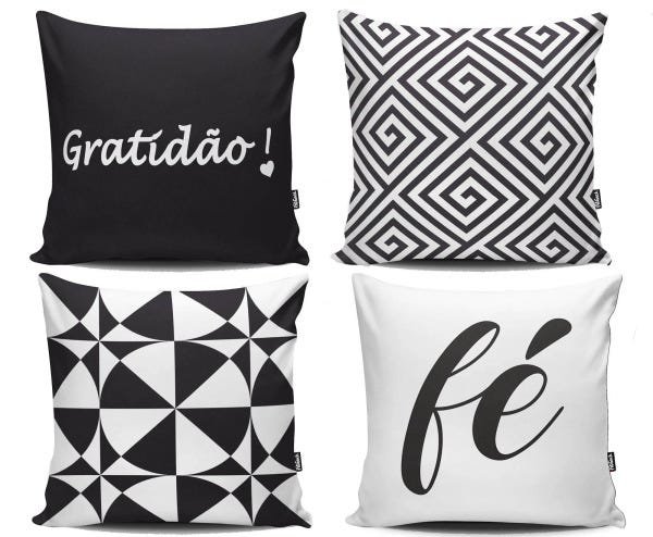 KIT CAPAS ALMOFADAS DECORATIVAS FÉ GRATIDÃO 04 UNIDADES - Preto - 45x45 - 1
