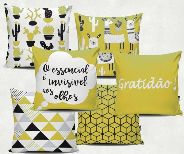 KIT CAPAS ALMOFADAS VERDE ESMERALDA 06 UNIDADES - Amarelo - 45x45 - 1