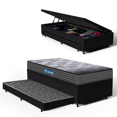 Cama Box Baú com Auxiliar + Colchão de Espuma D60 Double Face Comfort Force Probel Solteiro 88cm