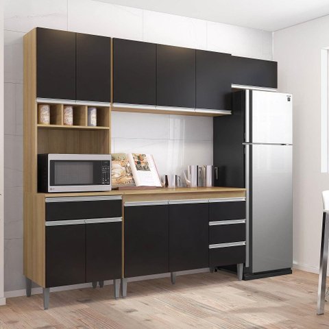 Cozinha Modulada Completa Andréia 240cm com Tampo Amêndoa Preto - Ajl