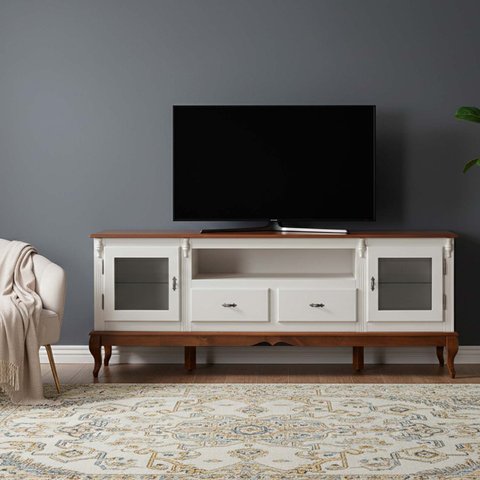 Rack para TV até 75 Polegadas 195cm 2 Portas Vidro 2 Gavetas Prateleira Interna Pés Luis Xv