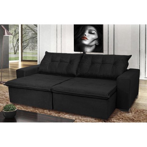 Sofá Montenegro 2,22 Mts Retrátil, Reclinável com Molas e 2 Almofadas Lombar Tecido Suede Preto