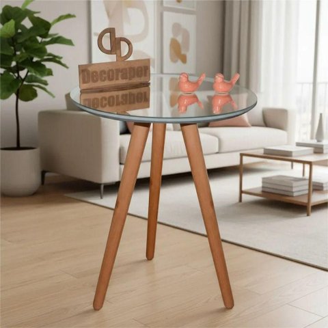Mesa de Canto Pés Palito Amadeirado com Espelho Redondo MDF Madeira 60cm Off White Decoraper