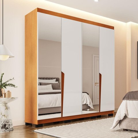 Roupeiro Solteiro Porto 4 Portas com Espelho 161x214cm Freijó/Branco 240847