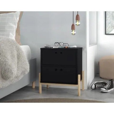 Mesa de Cabeceira com 2 Gavetas e Pés em Madeira Brv - Preto/pinus
