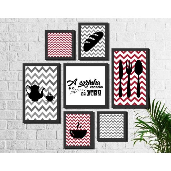 Kit 7 Quadros Decorativos Cozinha Vermelho e Cinza - 1