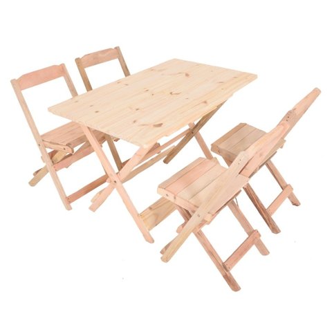 Jogo Conjunto 1 Mesa 120x70 e 4 Cadeiras Bar Dobráveis Retratil de Madeira Maciça - Sem Pintura