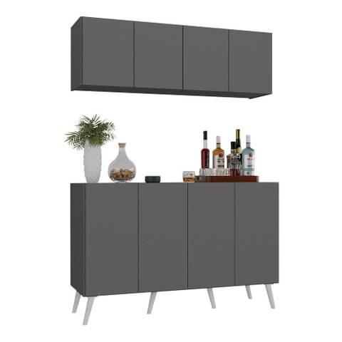 Kit Bar Armário Aéreo e Aparador 4 Portas Retrô Multimóveis Mp1086 Grafite/branco