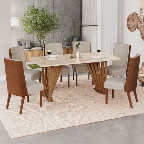 Mesa de Jantar 6 Lugares Lívia/anne Nature/off White/courano/linho- Pnr Móveis