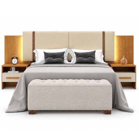 Cabeceira Box Casal Jalisco com 2 Mesas de Cabeceira e LED Cinamomo Fendi - Novo Horizonte