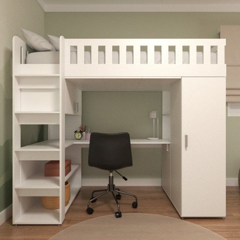 Cama Solteiro Alta Sky com Escrivaninha, Armários e Gavetas