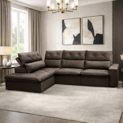 Sofá 3 Lugares Retrátil Reclinável Chaise Esquerdo 258cm Bergen F04 Veludo Marrom Escuro - Lyam