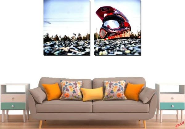 Quadro Decorativo Paisagem Capacete Motocross em Pedras Varias Peças - 2 Peças - 2