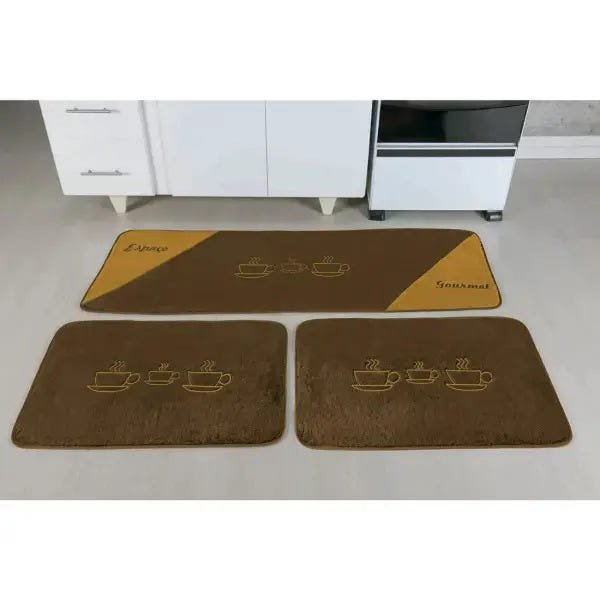 Tapetes para Cozinha Bordado xícaras 3 Peças Antiderrapante Cor: Marrom - 1