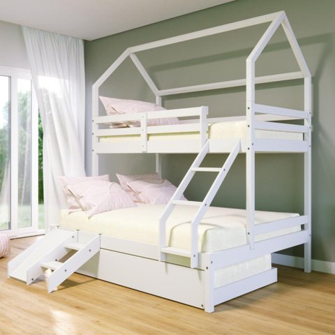 Treliche Casinha Casal/solteiro Slim Rb e Mini Escada/escorregador Madeira Maciça Branco Housin