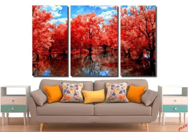 Quadro Decorativo Natureza Lago Com Arvores Laranjas Varias Peças - 3 Peças - 2