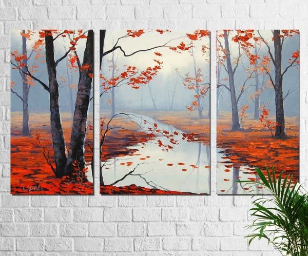 Quadro Decorativo Paisagem Arvores Vermelhas 3 Peças - paisagem rio e árvores laranja com flores no  - 1