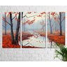 Quadro Decorativo Paisagem Arvores Vermelhas 3 Peças - paisagem rio e árvores laranja com flores no  - 1