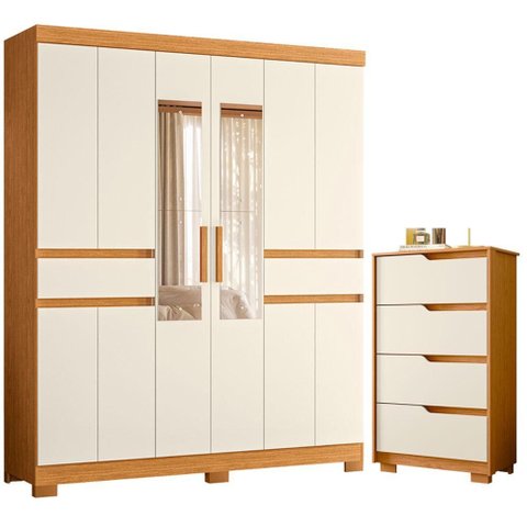 Guarda Roupa Casal Olimpia 10 Portas com Espelho e Cômoda Sole Cinamomo Off White - Móveis