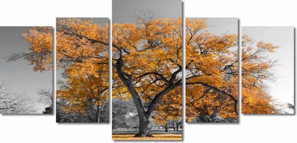Quadro Decorativo Paisagem Arvore Com Flores Coloridas 5 Peças Para Sala 180x60 - Laranja - 1