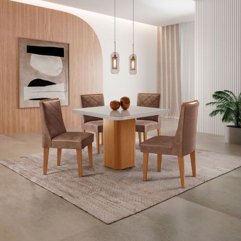 Mesa de Jantar Eloise 90cm Tampo Mdf Vidro Canto Copo com 4 Cadeiras Isadora Moderna Mobília