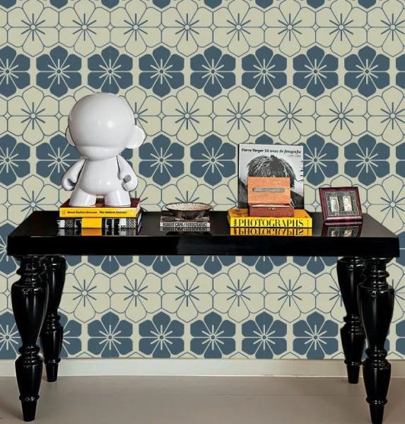 Papel De Parede Floral Bege com Azul Petróleo - Papel De Parede floral bege com azul Petróleo 2 - 1