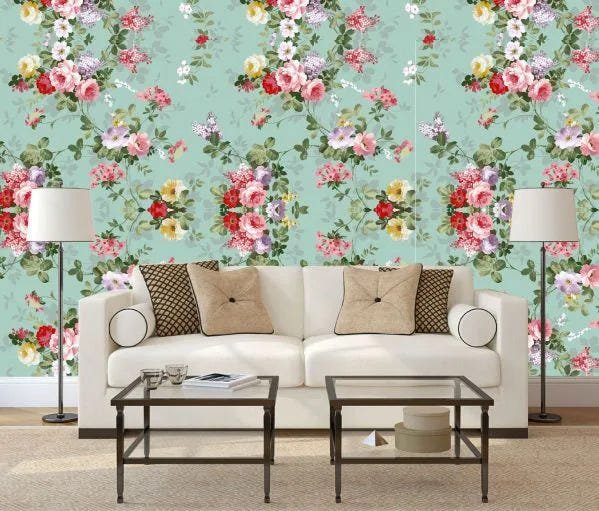 papel parede floral rosas com fundo turquesa - 3,00 x0,60 - 1