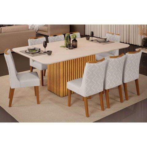 Sala de Jantar Completa Canes Tampo Madeirado C- Vidro Curvo 200x100cm e 8 Cadeiras Stela Cedro-off