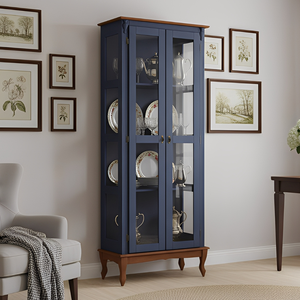 Cristaleira Rústica de Madeira com 2 Portas e Pés Luiz Xv - Azul Bic Laca com Tampo e Base Imbuia Gl