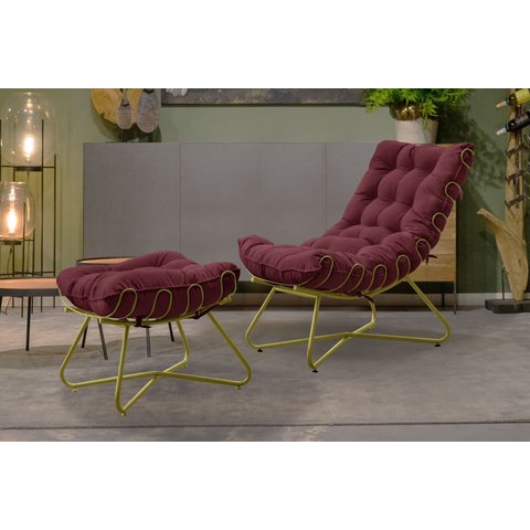Poltrona Decorativa Costela com Puff Eva Base Dourado - Veludo Bordo