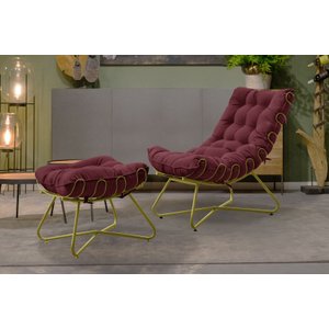 Poltrona Decorativa Costela com Puff EVA Base Dourado - Veludo Bordo