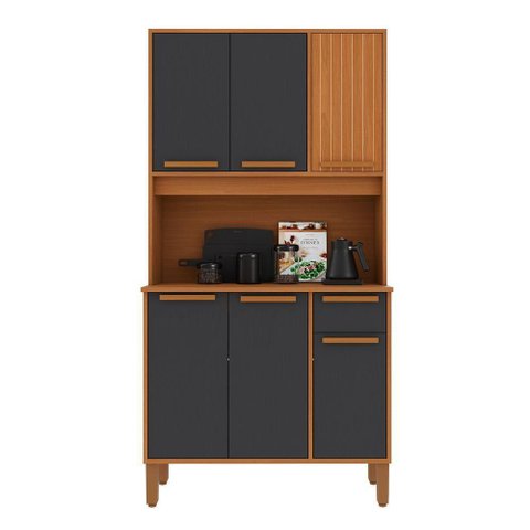 Armário de Cozinha Lagos 6 Portas 1 Gaveta MDP-MDF 90cm Freijó e Chumbo Indékes