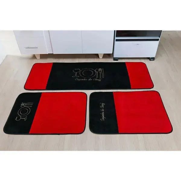Kit de Tapetes para Cozinha 3 Peças com Detalhe Talheres Bordado Base Antiderrapante e Pelúcia - 1