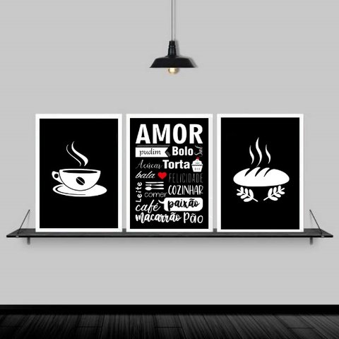 Kit 3 Quadros Cozinha Amor Nomes De Comida 33x24cm - com vidro:Madeira preta