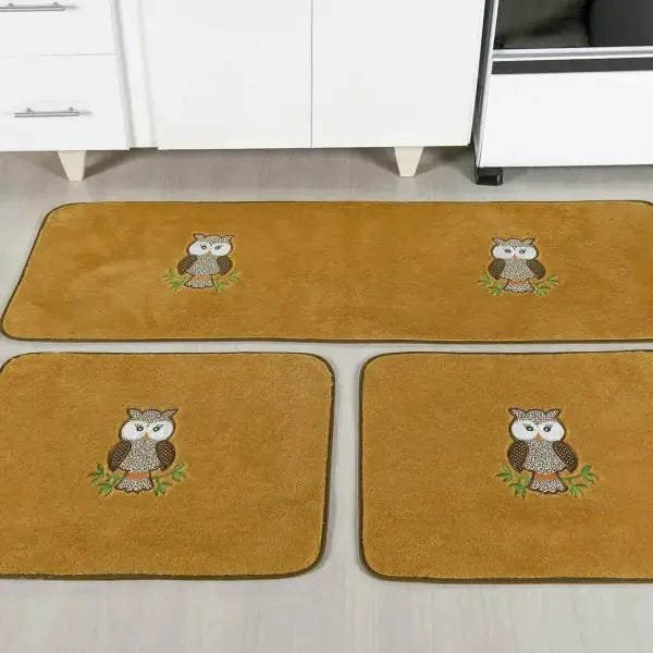 Tapetes para Cozinha Antiderrapante 3 Peças com Tecido Pelúcia Coruja Bordado Cor: Caramelo - 2