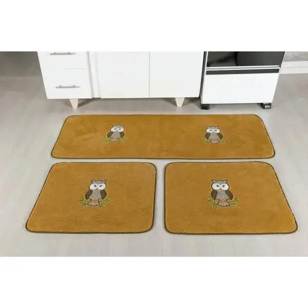 Tapetes para Cozinha Antiderrapante 3 Peças com Tecido Pelúcia Coruja Bordado Cor: Caramelo - 1