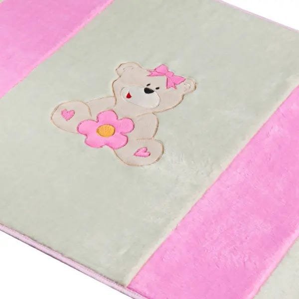 Tapete Passadeira para Quarto de Meninas Bordada Ursa Flor 1,20M x 74cm Pelúcia Cor:Rosa - 3