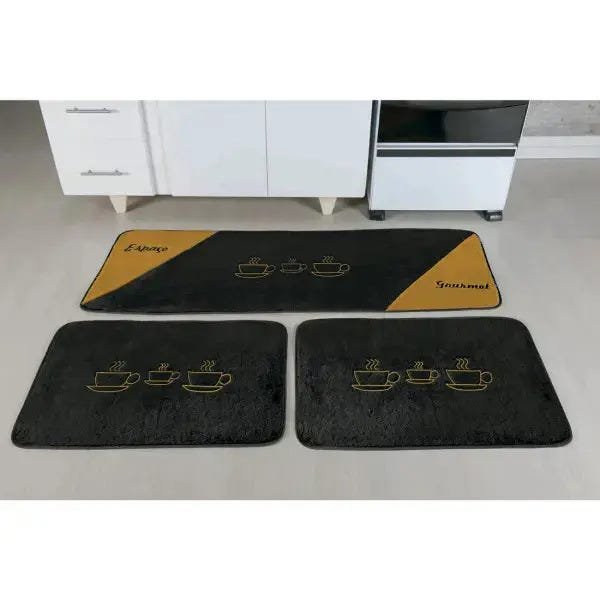 Tapetes para Cozinha Bordado xícaras 3 Peças Antiderrapante Cor: Preto - 1