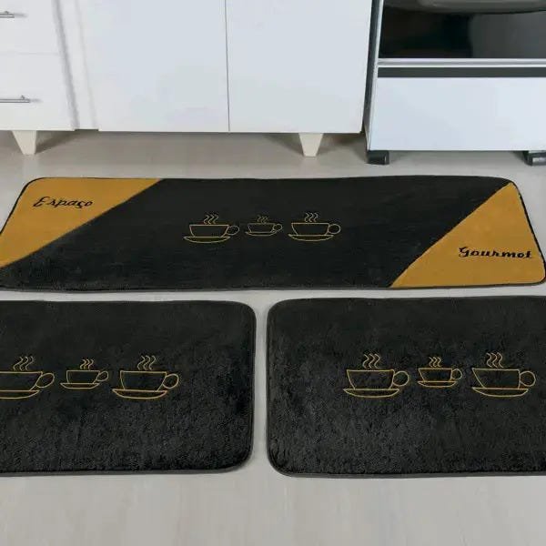 Tapetes para Cozinha Bordado xícaras 3 Peças Antiderrapante Cor: Preto - 2